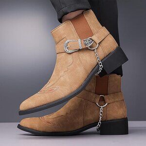 NEW! Men's Hand Embroidery Cowboy Chelsea Boots with Chain Buckle Classic